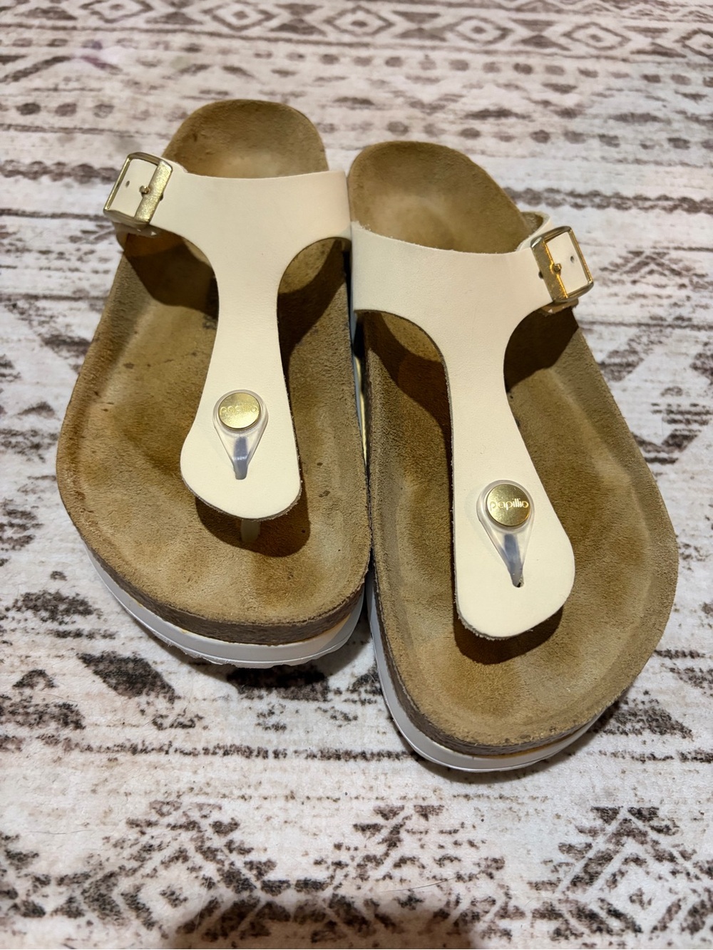 Birkenstock Beige Platform Thong Sandals with Gold Accent - Women